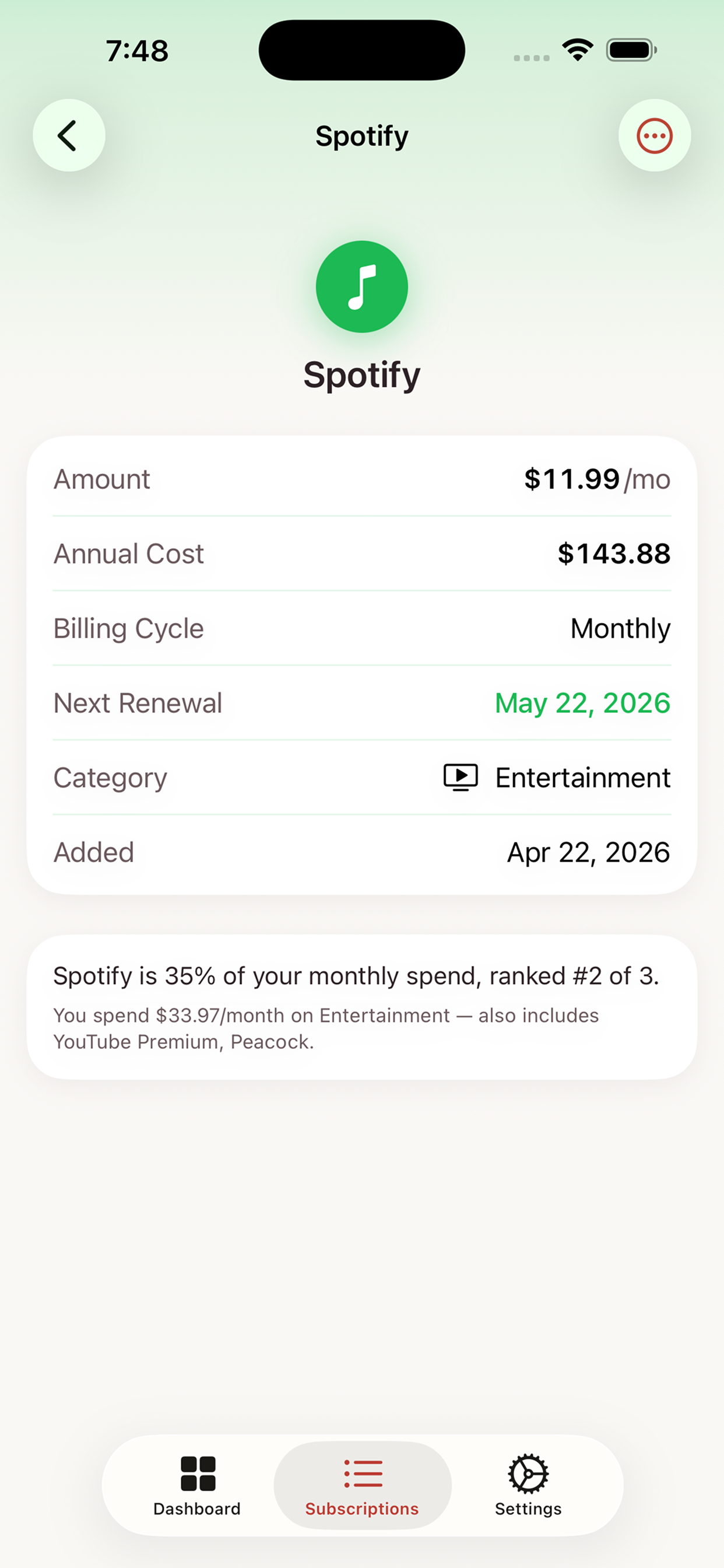 Spotify subscription detail with smart state: 35% of monthly spend, ranked #2 of 3